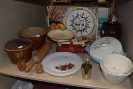 A selection of kitchen wares and similar baking items including crock pot tureen and rolling pin