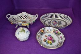 A selection of Dresden styled porcelain all later copies including posy bowl and pierced dish