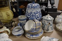 A selection of blue and white wear ceramics including large Chinese styled ginger jar and teacups