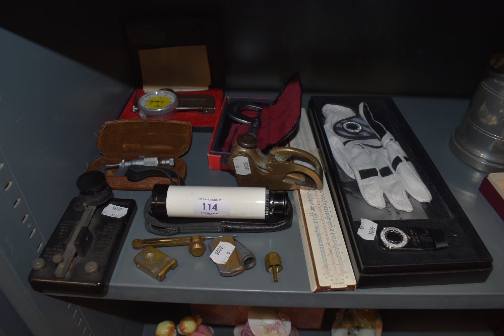 A mix of vintage items including morse code transmitter/board, Micrometer,Brass bull nose plane, and