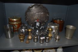 A mixture of items including two wood clad biscuit barrels, tea pot,Pewter mug and more.