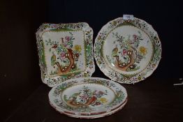 Four Spode plates having oriental florals and Peacock and hen pattern.