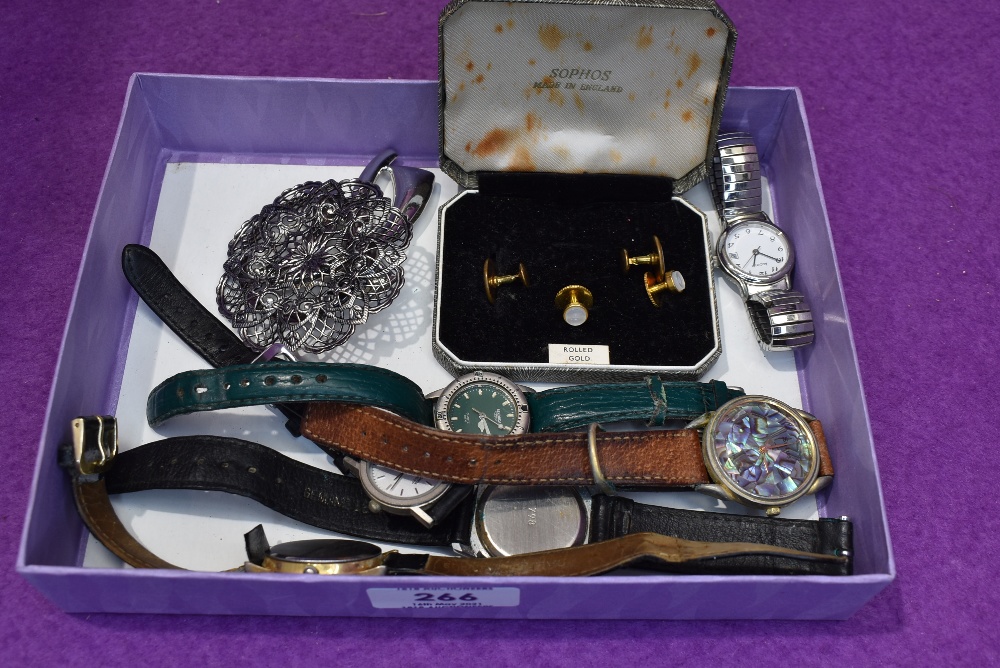 Six wrist watches including Sekonda and Accurist, a scarf clip, brooch and two pairs of collar
