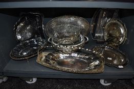 A good quantity of plated flat ware including serving dishes, tray and more.