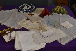 A mixed collection of ladies items and accessories including handkerchiefs, tea cosy with ceramic