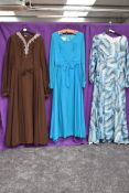 Three wonderfully floaty 1960s maxi dresses, including teal blue chiffon over laid Peterson maid