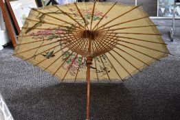 An oriental paper parasol having bird design.