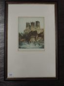 An etching, after Harding, Durham Cathedral, 13/73, indistinctly signed, 22x 17cm, plus frame and