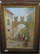 An oil paiting on board, Judith da Fano ( Manby), San Vigilio scene, signed, 48 x 33cm, framed