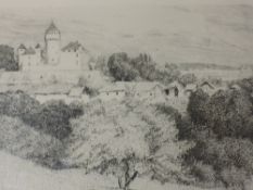 An etching, after, Andres Jaques, provincial country landscape, 14 x 22cm, plus frame and glazed