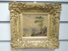 An oil painting on board, river and country landscape, C19th, 10 x 12cm, plus frame and glazed