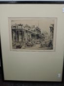 Two similar etchings, after W Monk, Tower of London, and The Bank, 19 x 26cm, plus frame and glazed