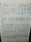 A print, after David Jones, calligraphy script, 60 x 40cm, plus frame and glazed, and an etching,