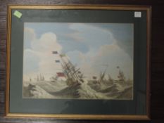 A pair of prints, galleons at sea, 25 x 37cm, plus frame and glazed, and an engraving, after