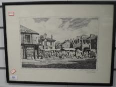 A print, after Geoffrey H Pooley, Market Day at Kirkby Lonsdale, signed, 24 x 36cm, plus frame and