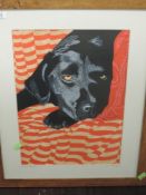 A print, after Dianne Bird Williams, Black Labrador, signed, 40 x 29cm, plus frame and glazed