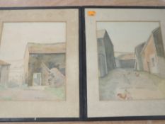 A pair of watercolours, F J Browne, farmyard scenes, signed, 26 x 20cm, plus frame and glazed