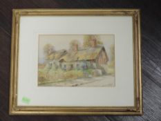 A pair of watercolours, Ernest T Potter, thatched cottages, Ann Hathaways cottage and Welford on