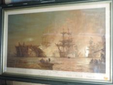 A print after Wyllie, Battle of The Nile, 1900, 60 x 100cm, framed and glazed