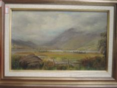 An oil painting, T B Preston, Derwentwater and Skiddaw, from the south, 24 x 39cm, plus frame