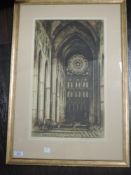 An etching, after E Sharland, Westminster Abbey, signed, 50 x 30cm, plus frame and glazed