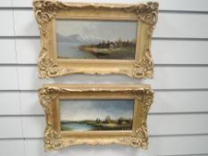 A pair of oil paintings on board, K Scum, continental lake landscapes, indistinctly signed, 14 x