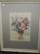 A watercolour, Tom Ogden, Pink Roses, signed and attributed verso, 33 x 23cm, plus frame and glazed