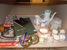 A selection of curios and ceramics including art deco shade buttons and autograph book