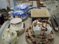 A selection of ceramics including Imari style teacups and saucers and Crown pottery tureens