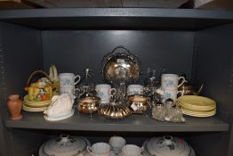 A mixed collection of items including plated ware ceramics and glass.