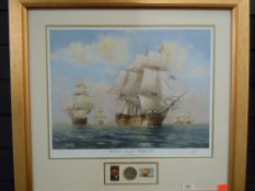 A signed Barry G Price limited 63/1805 print of 'The victory's approach, Trafalgar 1805' .