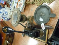 A selection of desktop items including Letter head stamp, pewter ashtray, and carved letter opener