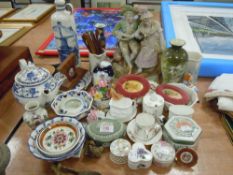 A selection of ceramics and decorations including bisque figure base and Dutch delft