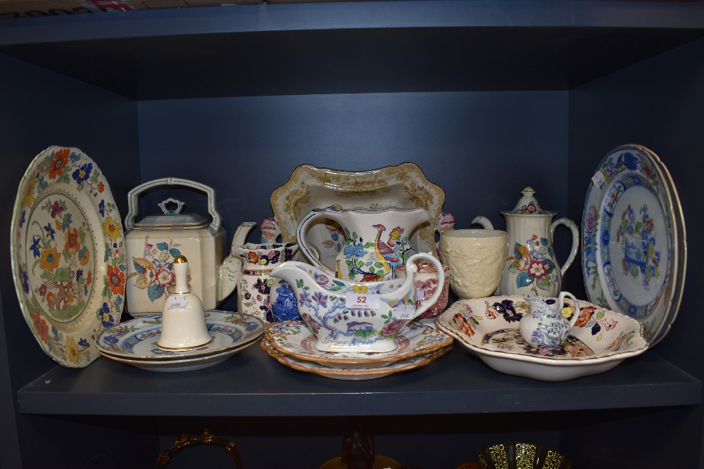 A variety of Masons ware including plates, bell,jugs and more, mixed designs and styles.