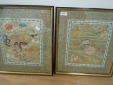Two intricate oriental embroideries on silk, framed and glazed.