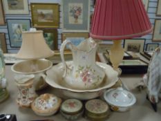 A selection of ceramics including dressing table set and Ironstone wash jug and bowl set