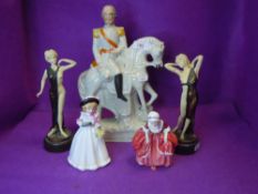 A Staffordshire flack back of Garibaldi or similar and two Royal Doulton figures