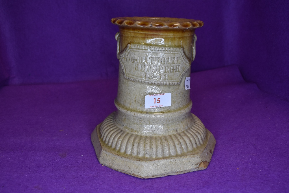 A 1901 dated salt glazed grave vase/urn or similar.W.G Bathgate Sedburgh.