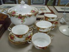 A selection of soup ceramics by Royal Albert in the Old Country Roses design