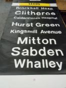 A vintage bus destination blind for Clitheroe and surrounding areas.