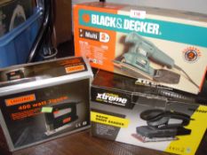 A selection of DIY and building tools including Black and Decker sander jigsaw etc