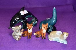 Three Beswick studies, Fox, seated, small 1748 x2, Koala Bear on Branch 1039, two poole studies of a