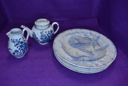 A collection of blue and white plates 'Oceanic BPC' and 18th century Worcester jug and similar tea