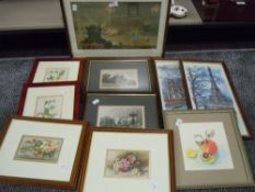 A selection of prints and picture frames including original water colour of still life