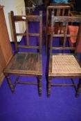 A traditional solid seat dining chair and early 20th Century mahogany bedroom chair with bergere