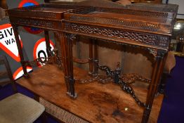 A pair of Oriental style mahogany side tables having galleried tops