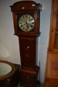 An early 20th Century mahogany low height, long case clock having inlay decoration to trunk and