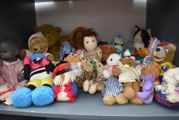 A shelf of mixed vintage Teddy Bears and Dolls including Diana Jones Berti Bassett, Barclays Bank