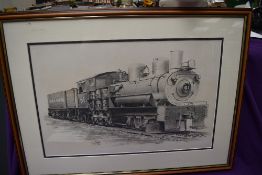 A framed pencil sketch, G S Cooper, Union Pacific 61 Locomotive & Tender, signed and dated 73,