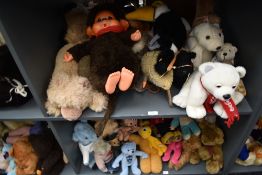 Two shelves of mixed vintage Teddy Bears and Animals including Merrythought, Chad Valley, TY etc